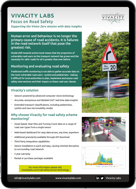 Image of an iPad displaying the Road Safety Monitoring Solution brochure by Viva