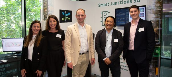 Maria Lema, Hannah Tune, Matt Warman MP, Sam Li and Alex Yeomans at the Smart Junctions 5G End of Project Showcase, Manchester, July 2022