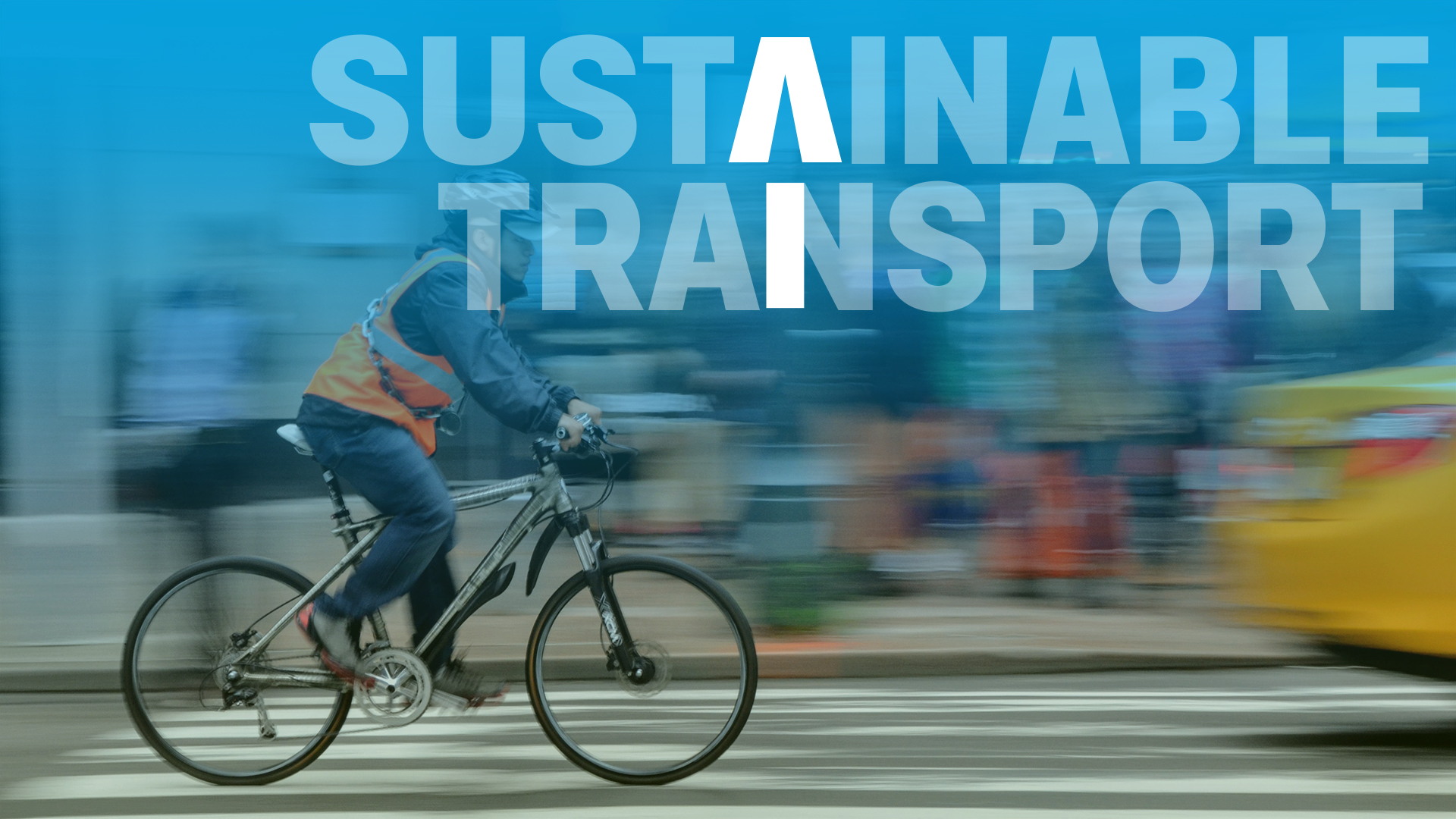 Image of cyclist and yellow taxi portraying sustainable transport