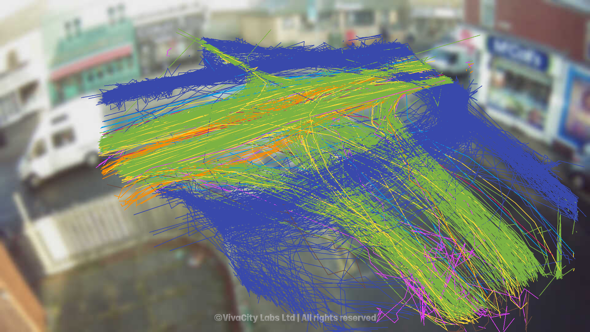 Image shows movement path data captured by VivaCity sensor at trial side zebra crossing in Cardiff.