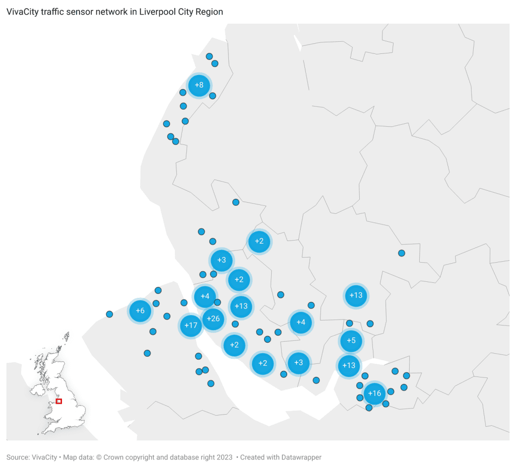 Image showing a map with all sensors in the Liverpool City Region